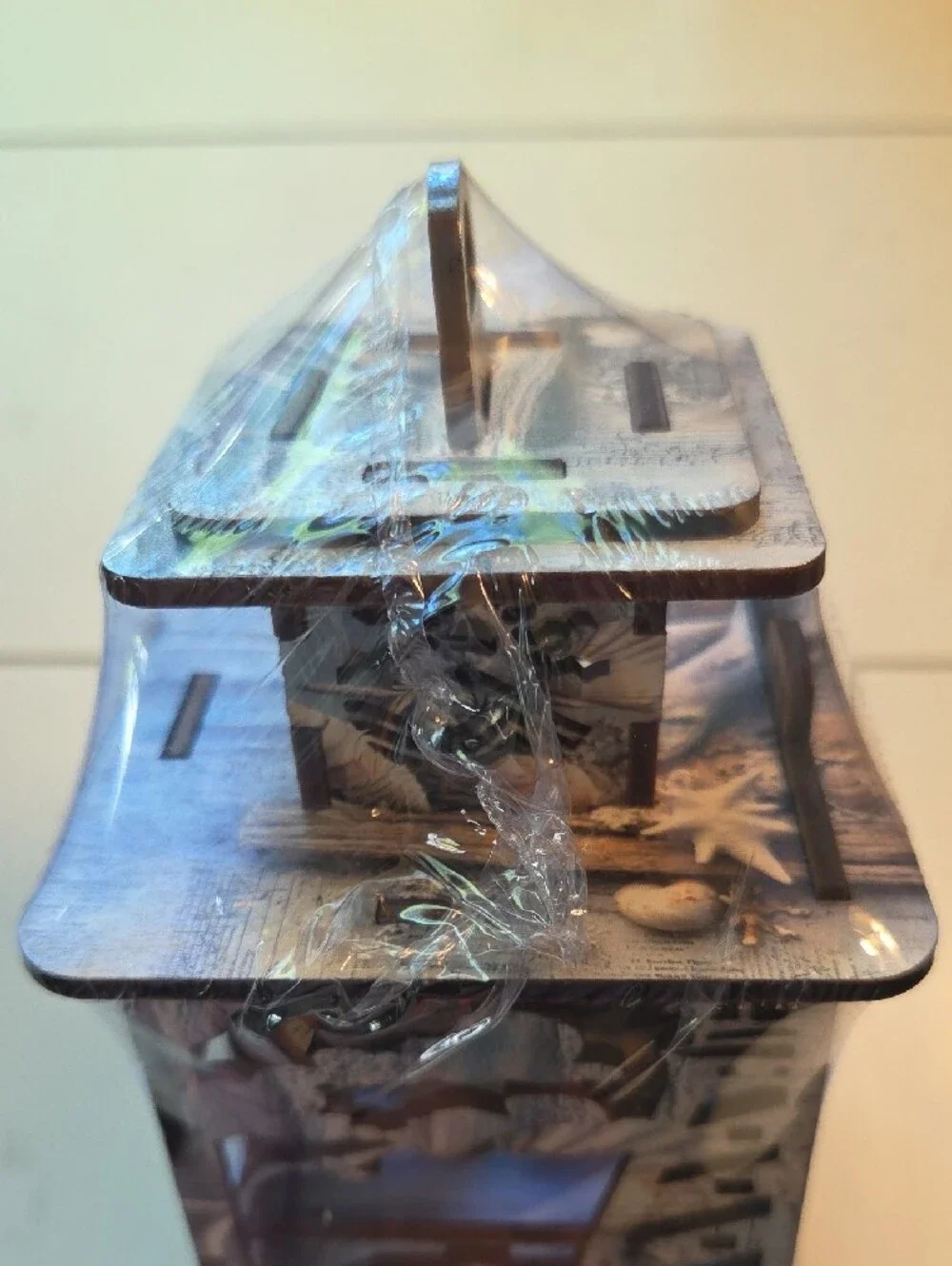 Wooden Decorative Lantern with Coastal Cutout Design - Brown and White